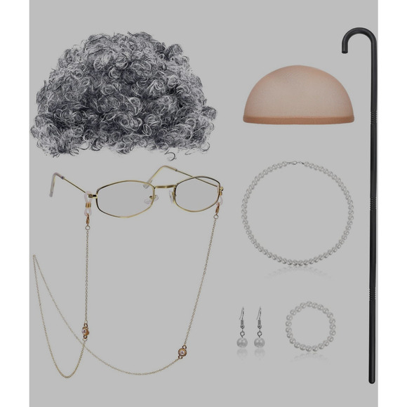 Old Lady Cosplay Grandma gray wig cane glasses chain necklace 100th day school.. - Picture 10 of 12